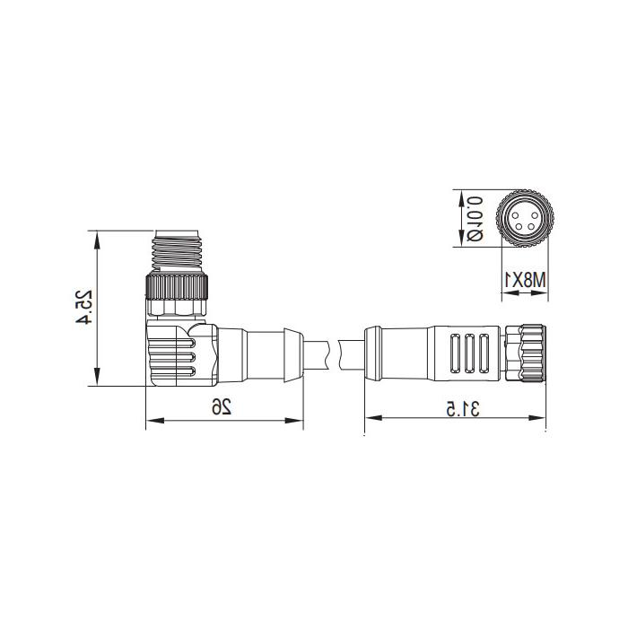 M8 4-PIN, female straight turn male 90°, double precast PUR flexible cable, shielded, black sheathed, 63D145-XXX