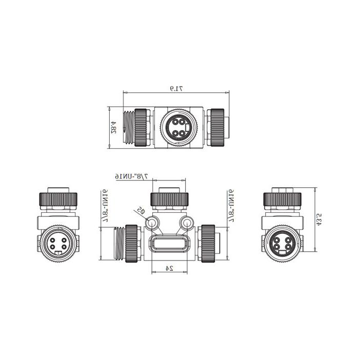  7/8" 4Pin male /2x 7/8" 4Pin female, T-tee, 0PI444