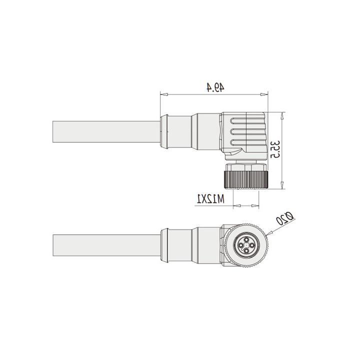 M12 4Pin T-coded, 90° female, single-end pre-cast PVC non-flexible cable, grey sheathing, 64TP41-XXX