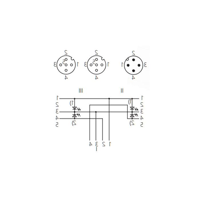 M12 4Pin male /2M12 3Pin female 90° with LED light, IP 69K-ECOLAB, food grade, Y-shaped precast PUR flexible cable, black sheathed, 64E421-XXX